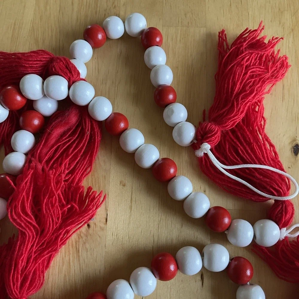 Red And White Wood Bead Garland Red Tassels Farmhouse Style